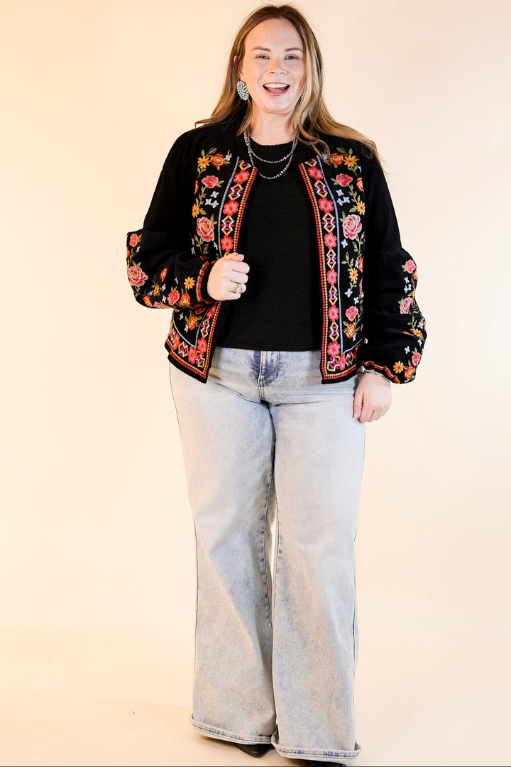 More To Say Corduroy Floral Embroidered Jacket in Black