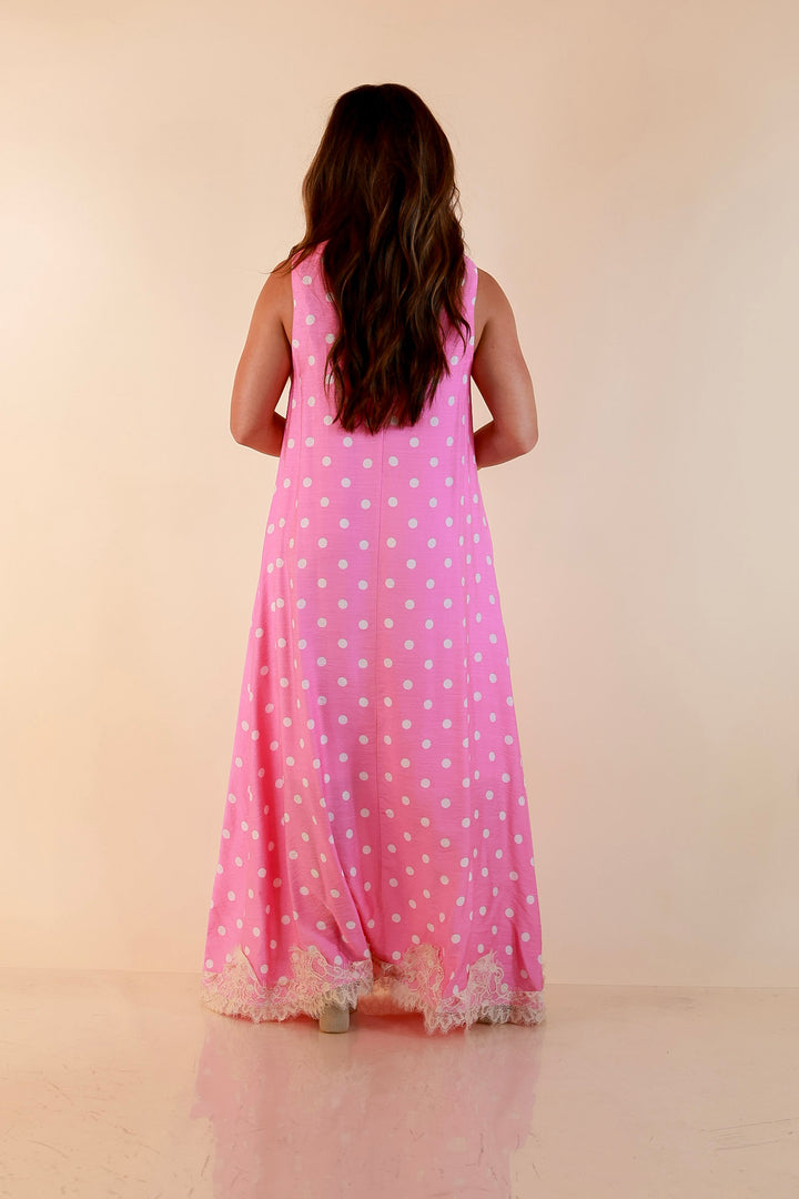 Sweet Little Something Polka Dot Sleeveless Maxi Dress with Lace Trim in Pink