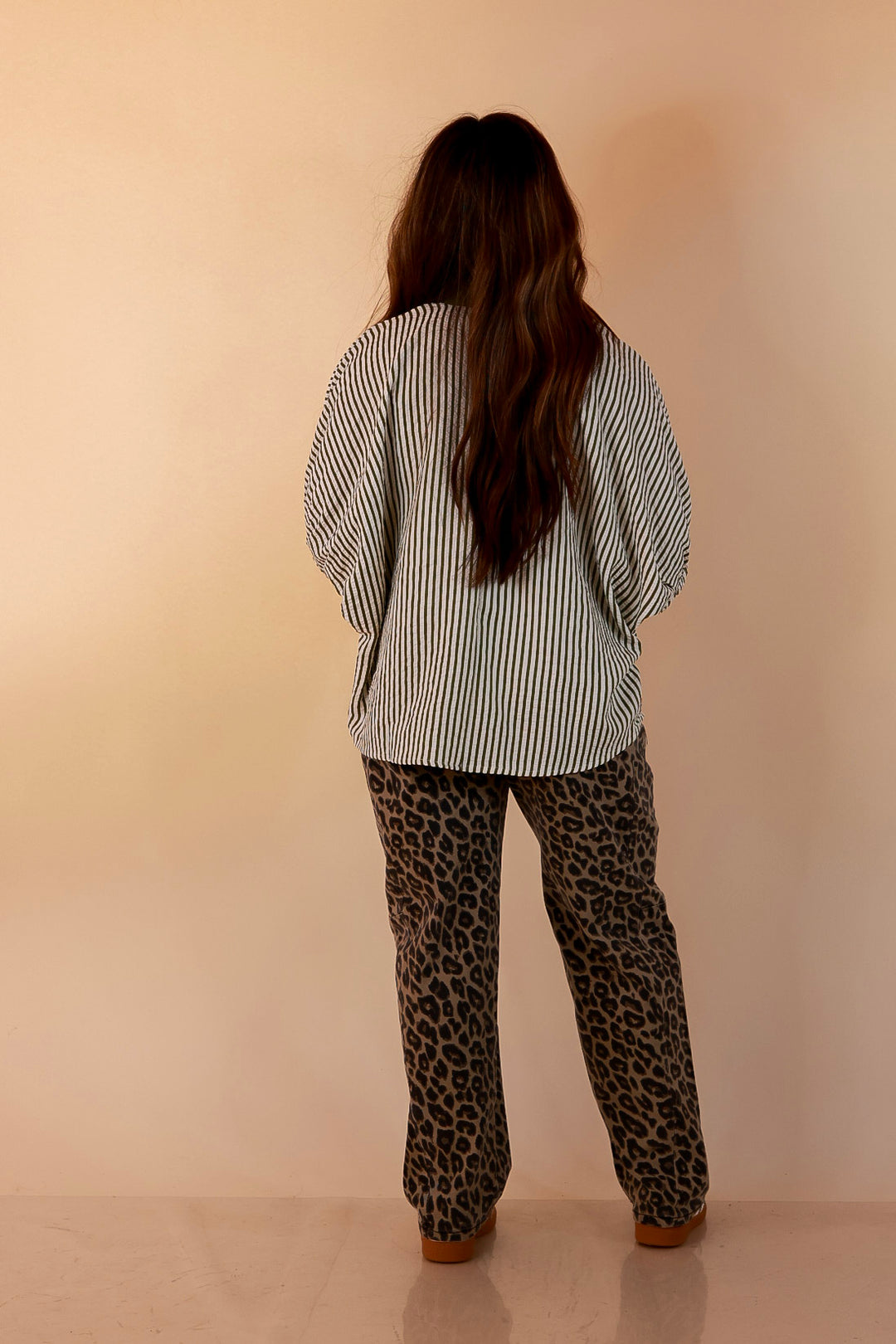 Naturally Stylish Stripe Top with Contrast Stripe Trim and Short Dolman Sleeves in Olive Green