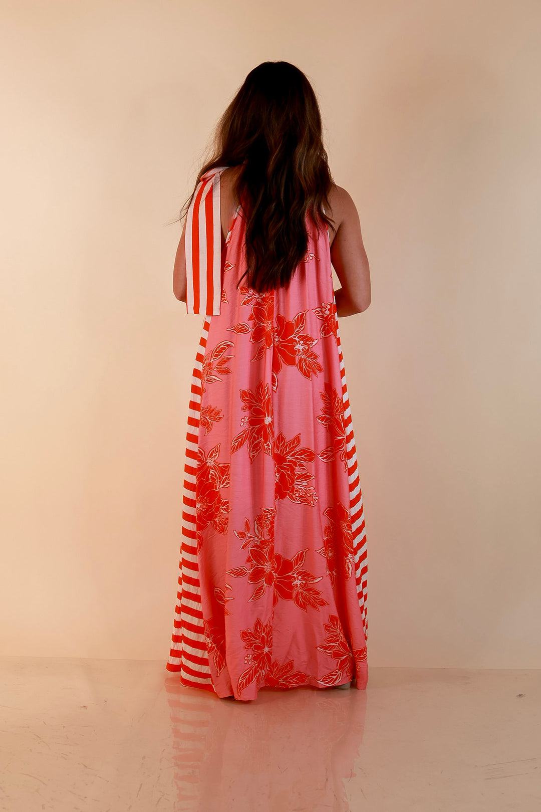 Meet Me in Palm Beach Floral Print Halter Maxi Dress with Adjustable Bow Tie Neck in Pink and Orange