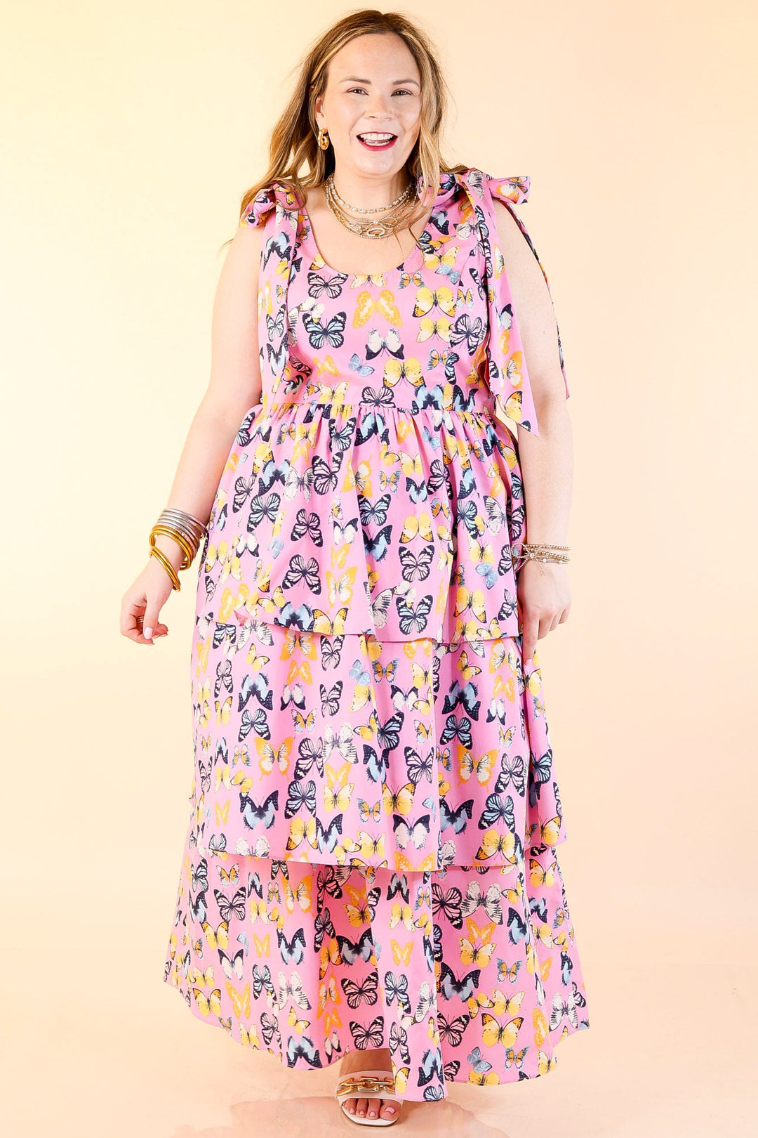 BuddyLove | Drew Tiered Midi Dress in Feelin' Butterflies Pink