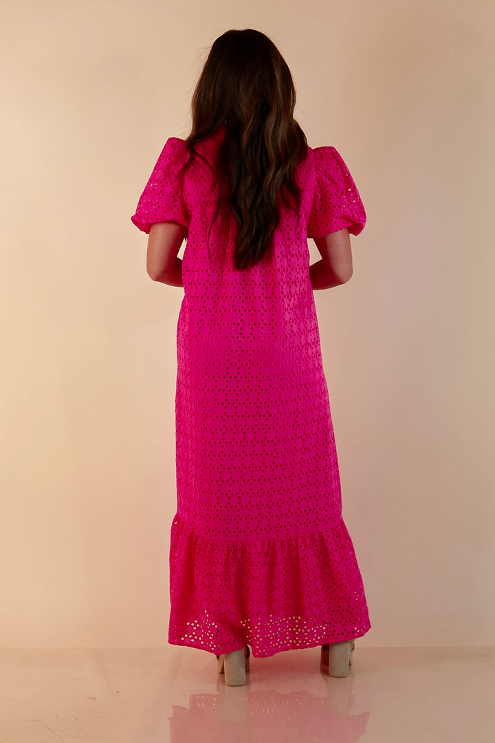 Meet Me at Sunset Eyelet Lace Puff Sleeve Tiered Maxi Dress in Hot Pink