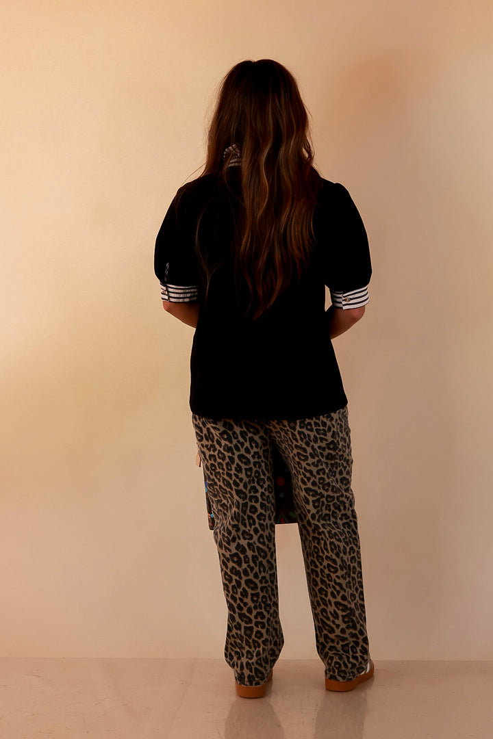 Refined Edge Short Puff Sleeve Top with Striped Collar in Black