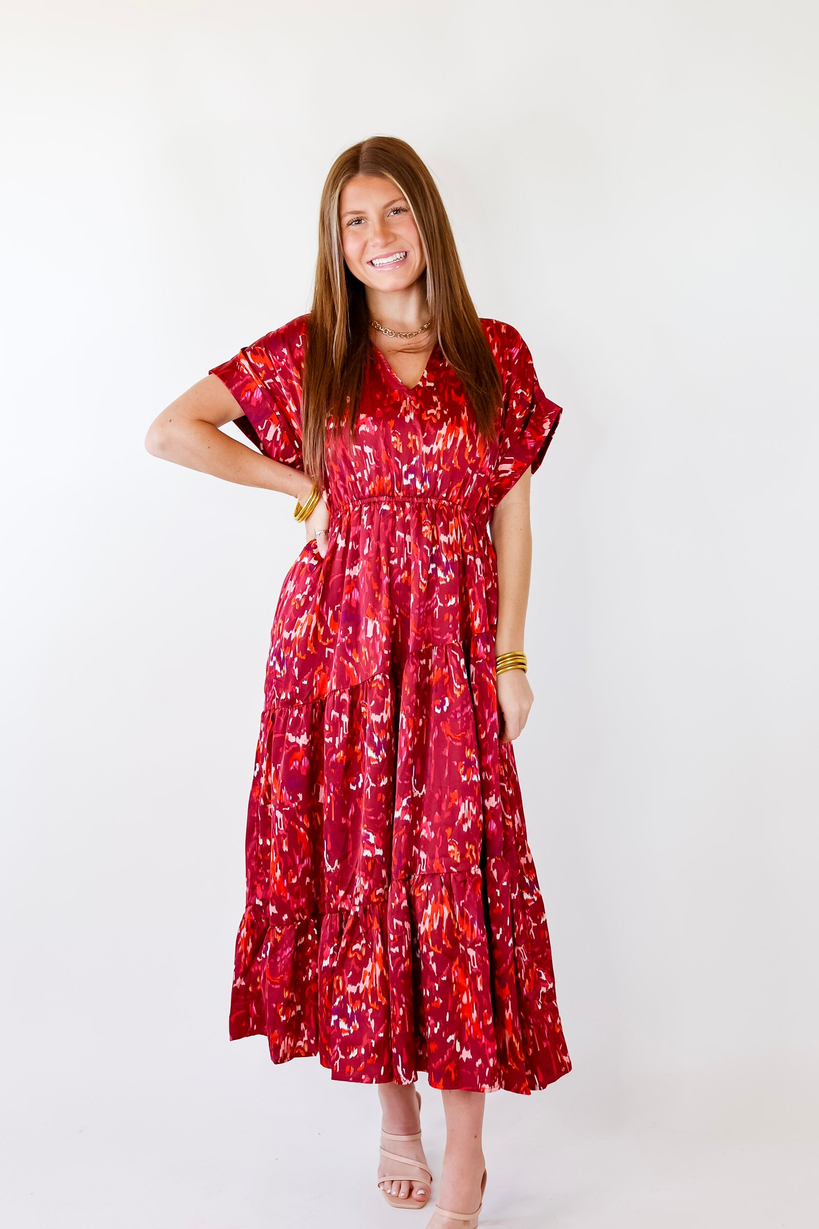 Burnin' Up Multicolor Abstract Midi Dress in Wine Red - Giddy Up Glamour Boutique
