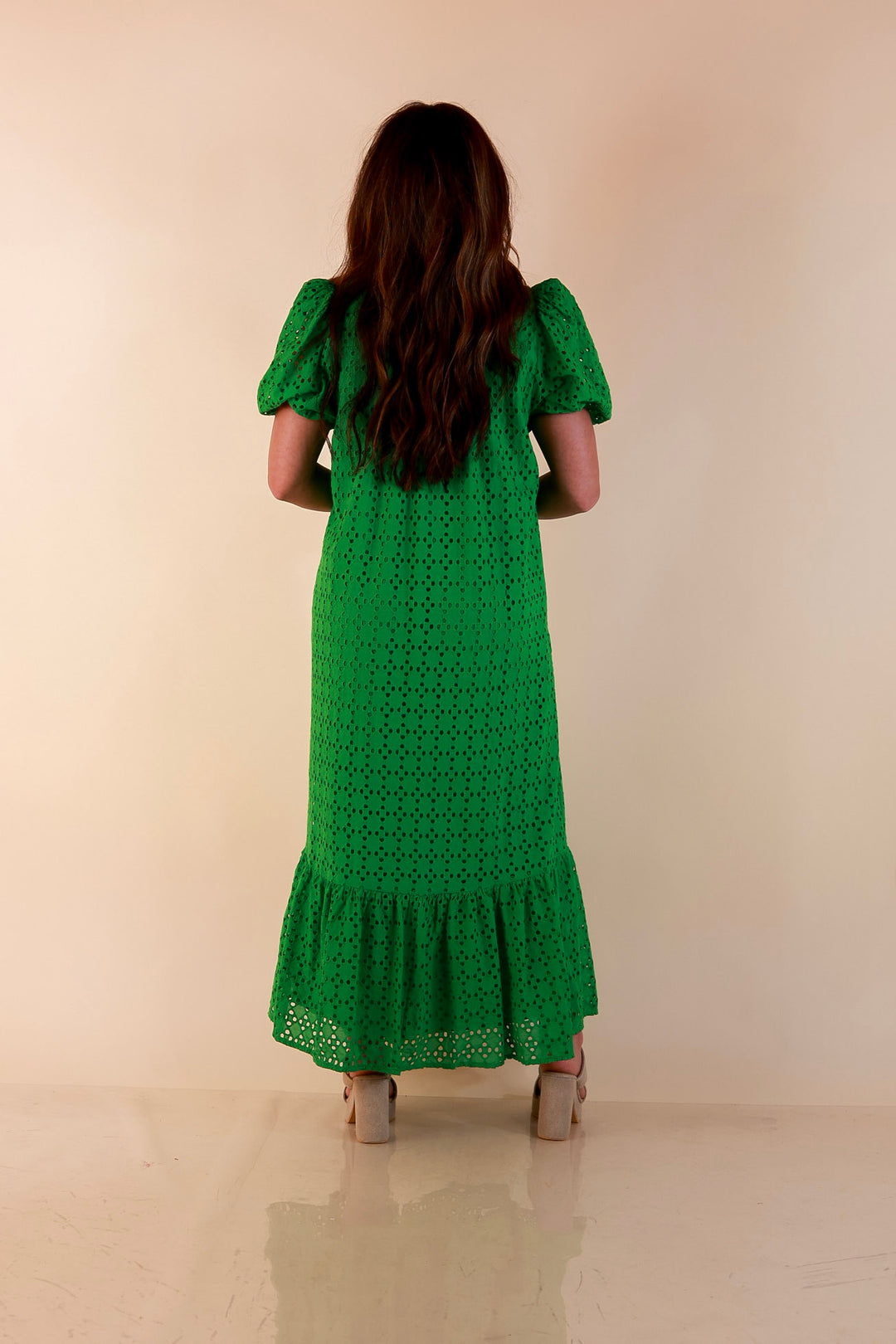 Meet Me at Sunset Eyelet Lace Puff Sleeve Tiered Maxi Dress in Kelly Green