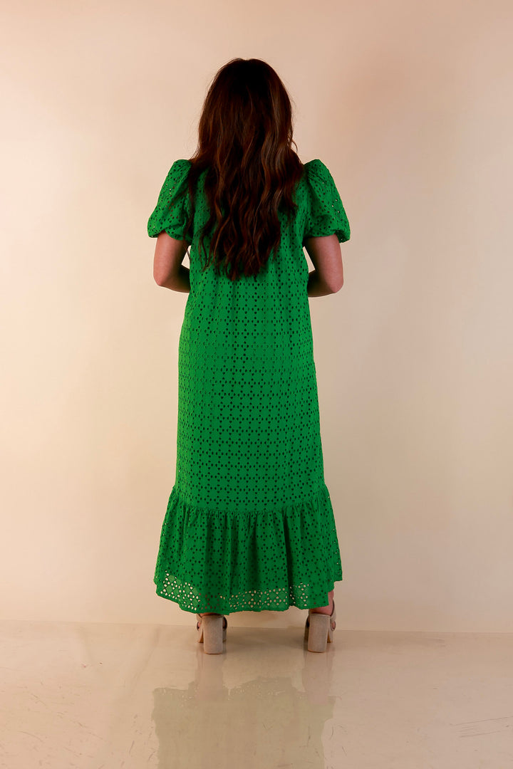 Meet Me at Sunset Eyelet Lace Puff Sleeve Tiered Maxi Dress in Kelly Green