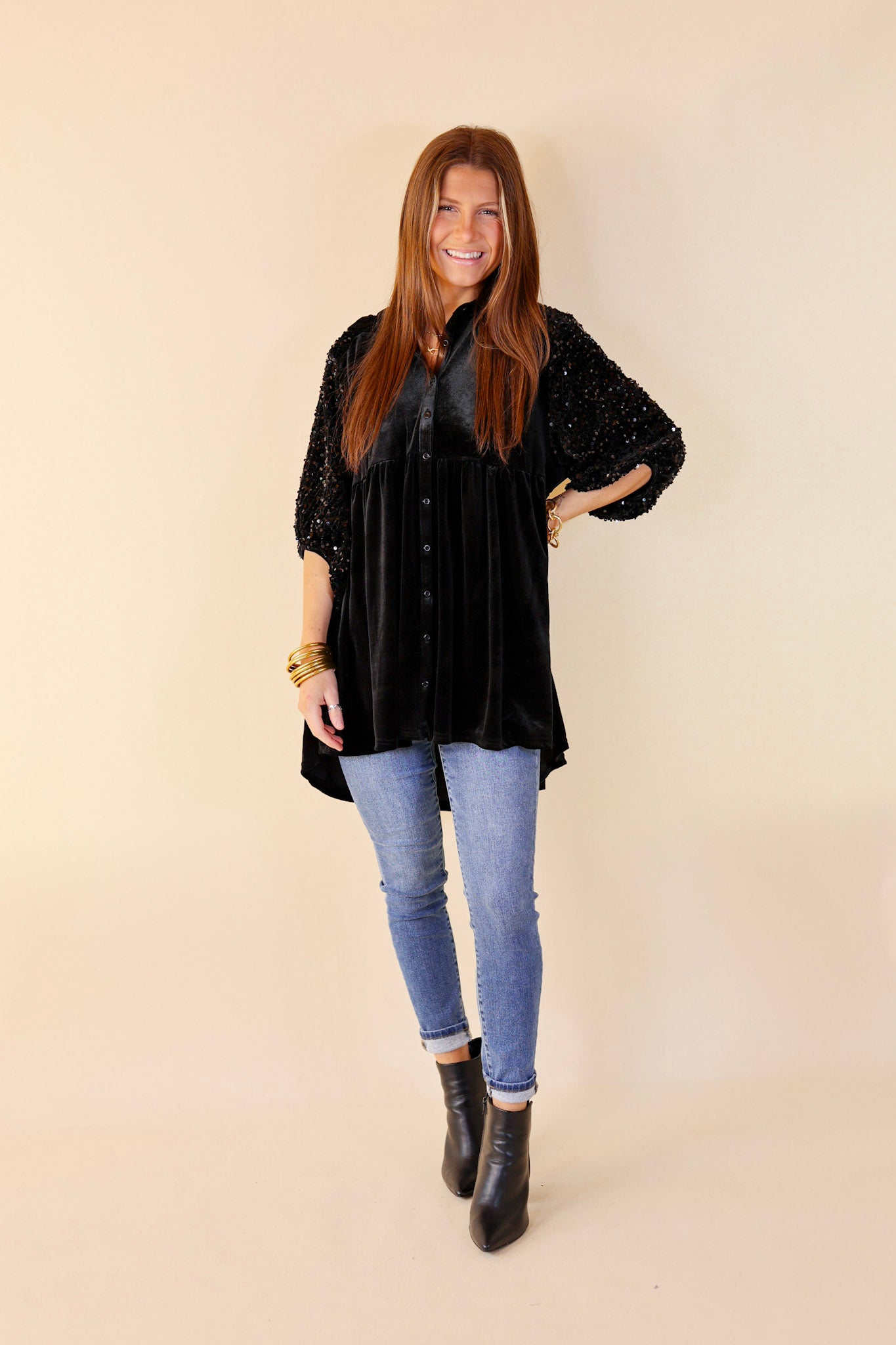 Love Link Button Up Velvet and Sequin Half Sleeve Babydoll Tunic Top in Black