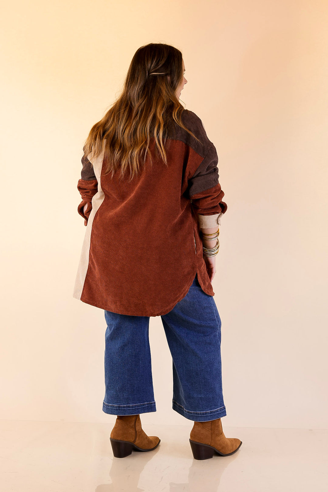Casual Cuddles Color Block Corduroy Shacket in Brown Mix