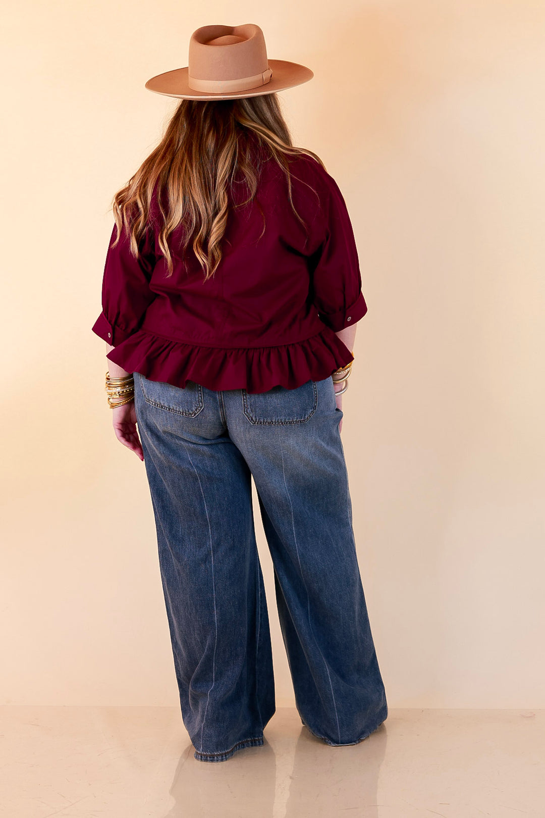 Style Agenda Solid Button Down Peplum Top in Maroon