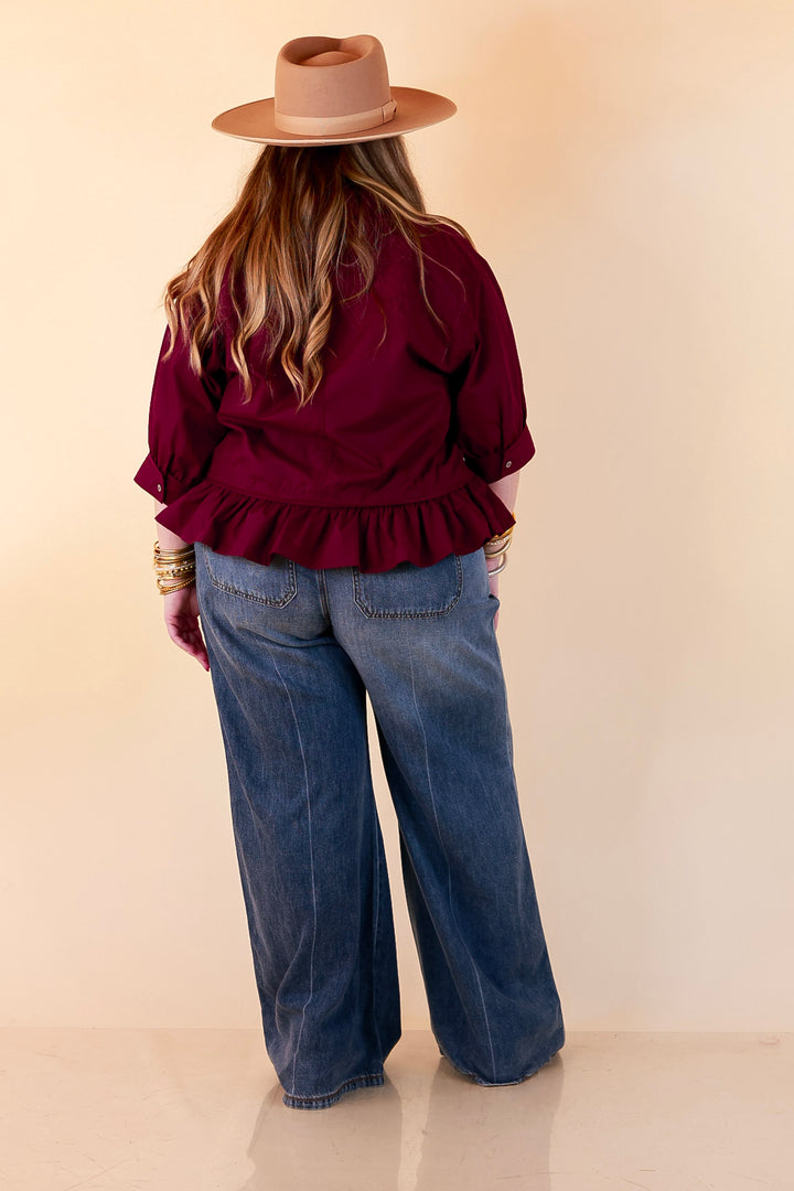 Style Agenda Solid Button Down Peplum Top in Maroon