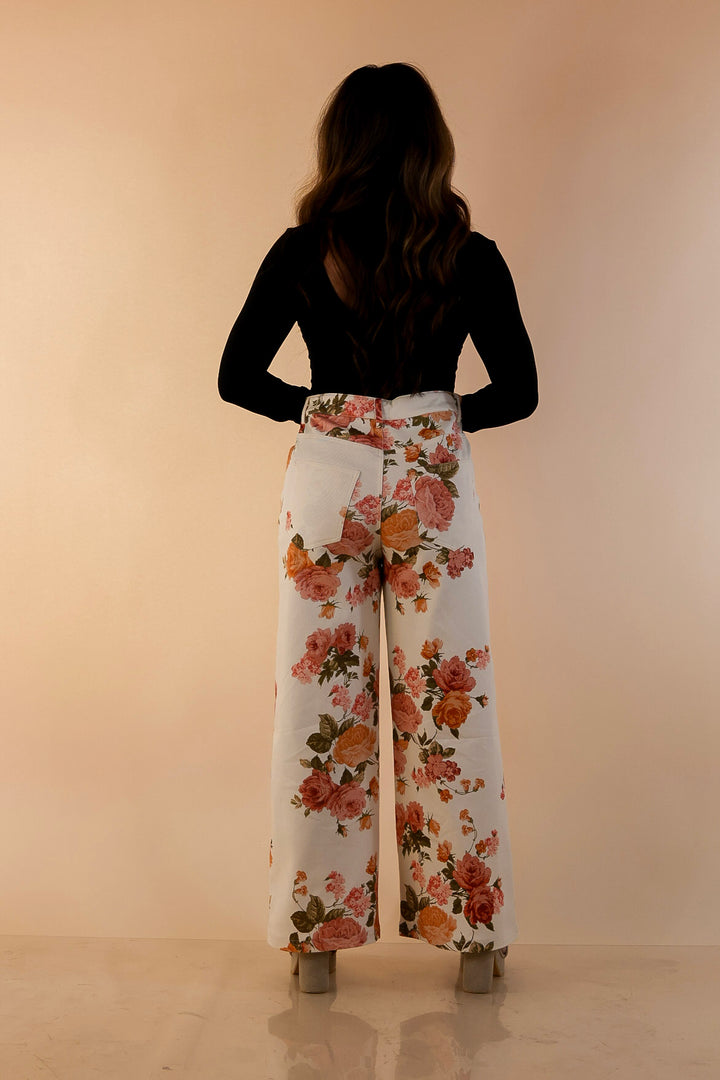 The Best Cropped Wide Leg Vintage Rose Floral Print Jeans in Ivory