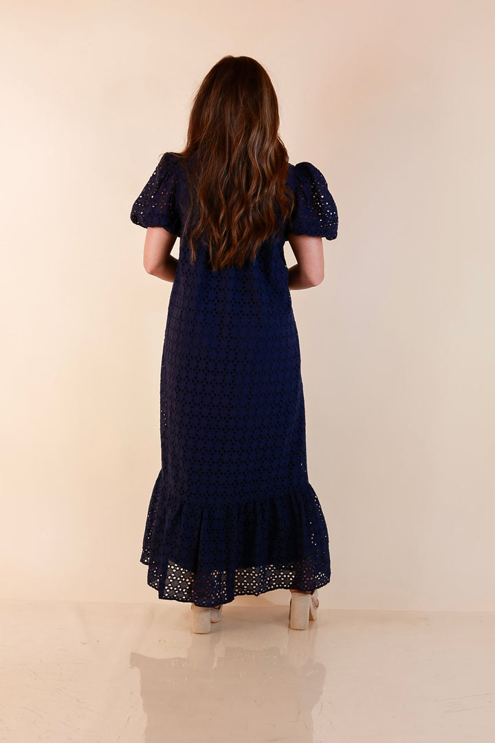 Meet Me at Sunset Eyelet Lace Puff Sleeve Tiered Maxi Dress in Navy Blue