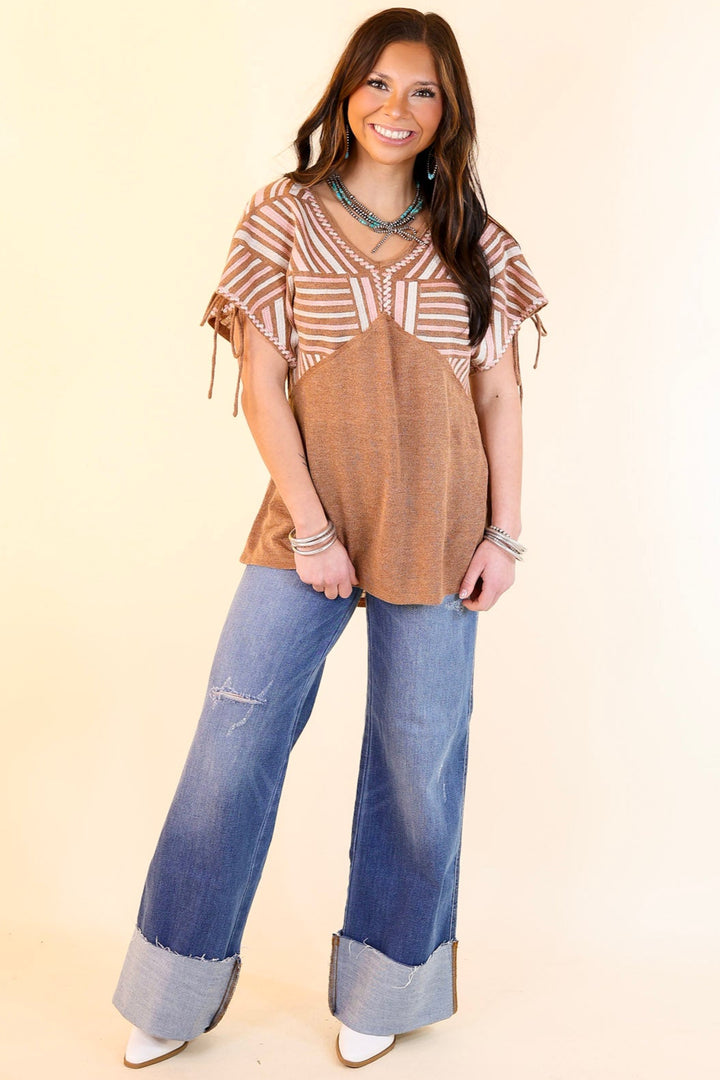 In the Desert Pink and Ivory Embroidered Top with Sleeve Ties in Brown