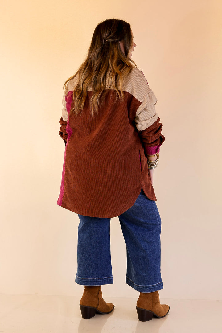 Casual Cuddles Color Block Corduroy Shacket in Magenta Mix