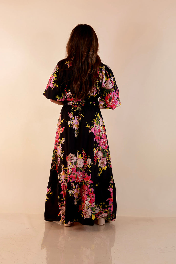 Reserved for Brunch Puff Sleeve Smocked Waist Floral Maxi Dress in Black Multi