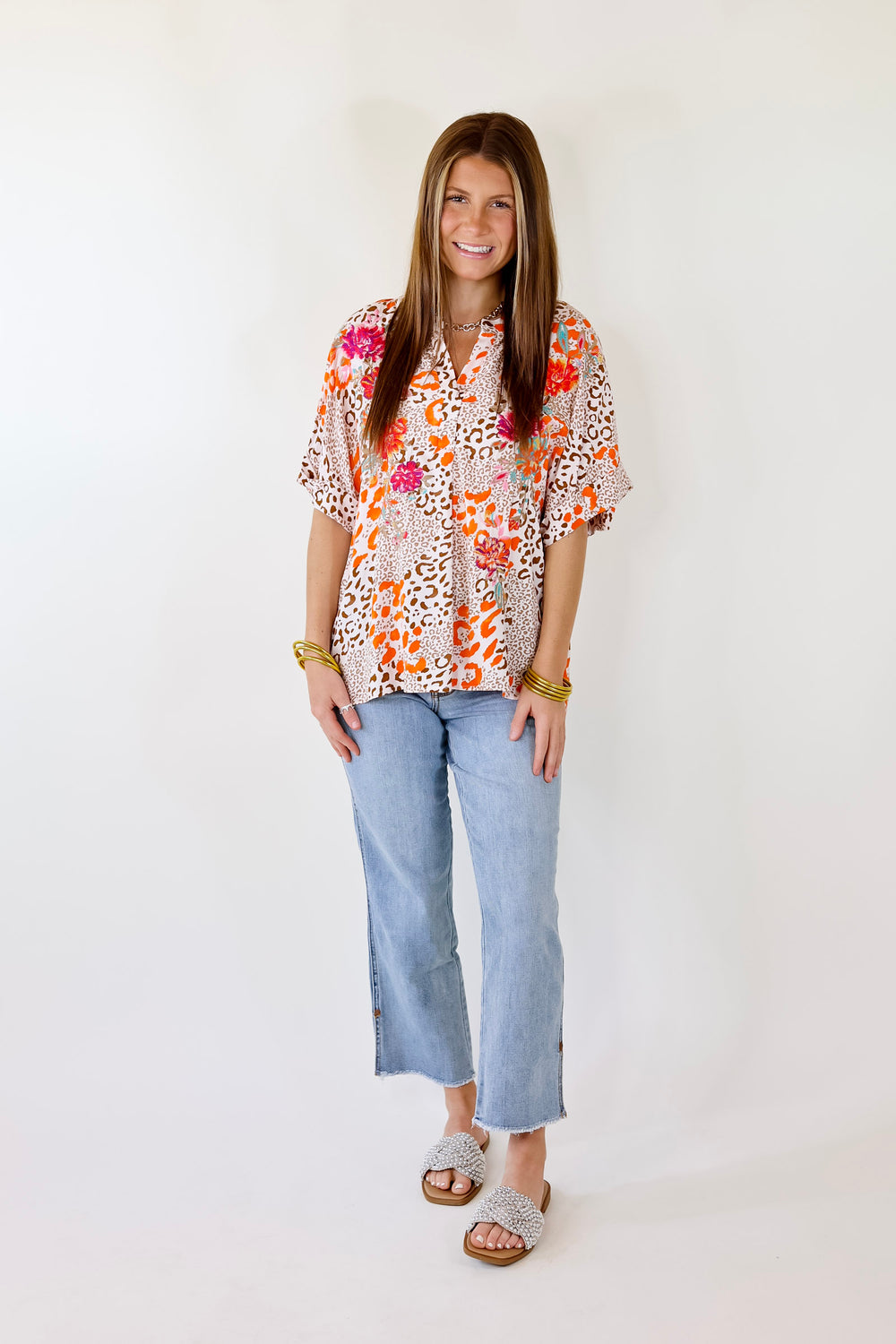 By Chance Leopard Print Top Short Sleeve Top with Floral Embroidery in Ivory - Giddy Up Glamour Boutique