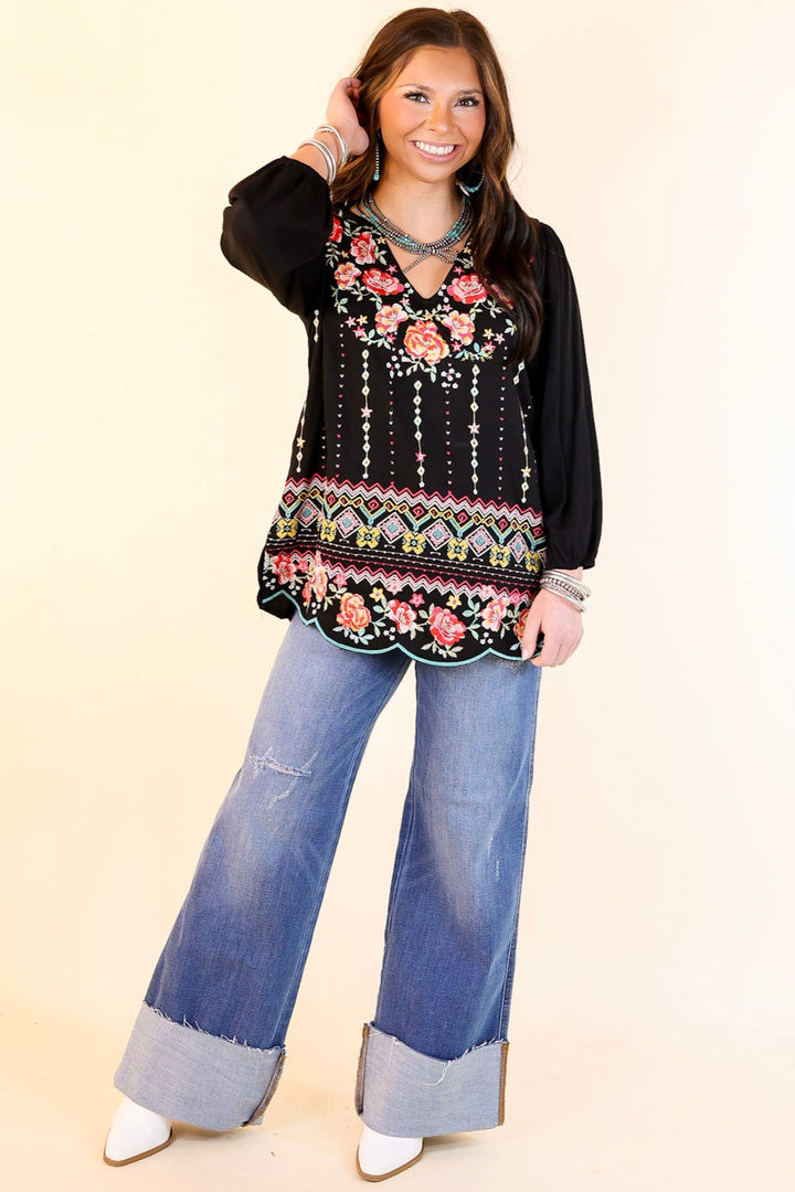 Early Bird Embroidered Front 3/4 Sleeve Top with V Neck in Black