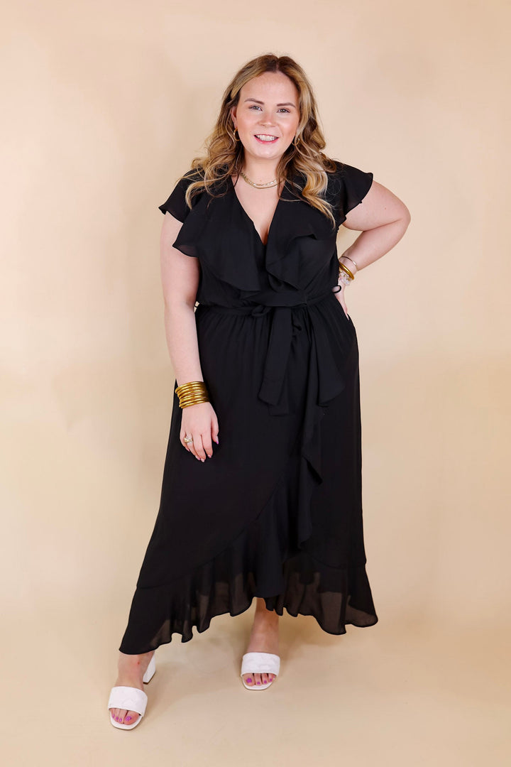Tranquil Touch Ruffle Midi Dress with Waist Tie in Black - Giddy Up Glamour Boutique