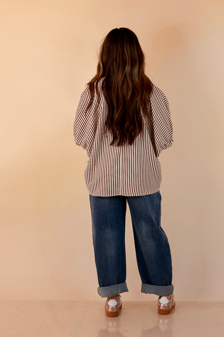 Naturally Stylish Stripe Top with Contrast Stripe Trim and Short Dolman Sleeves in Camel Brown