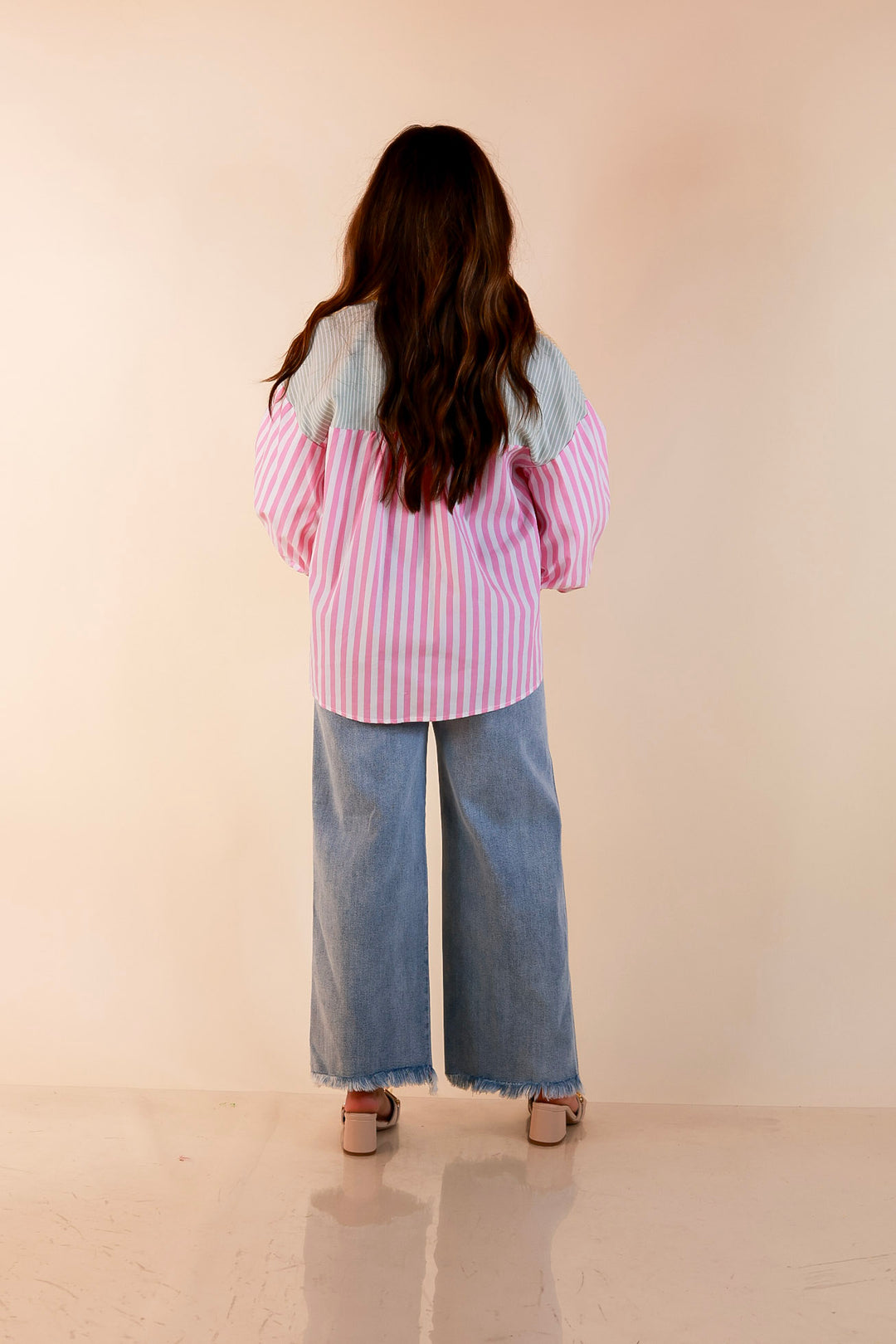 Lovely Impression Colorblock Stripe Button Front Top with Balloon Sleeves in Pink, Yellow and Green