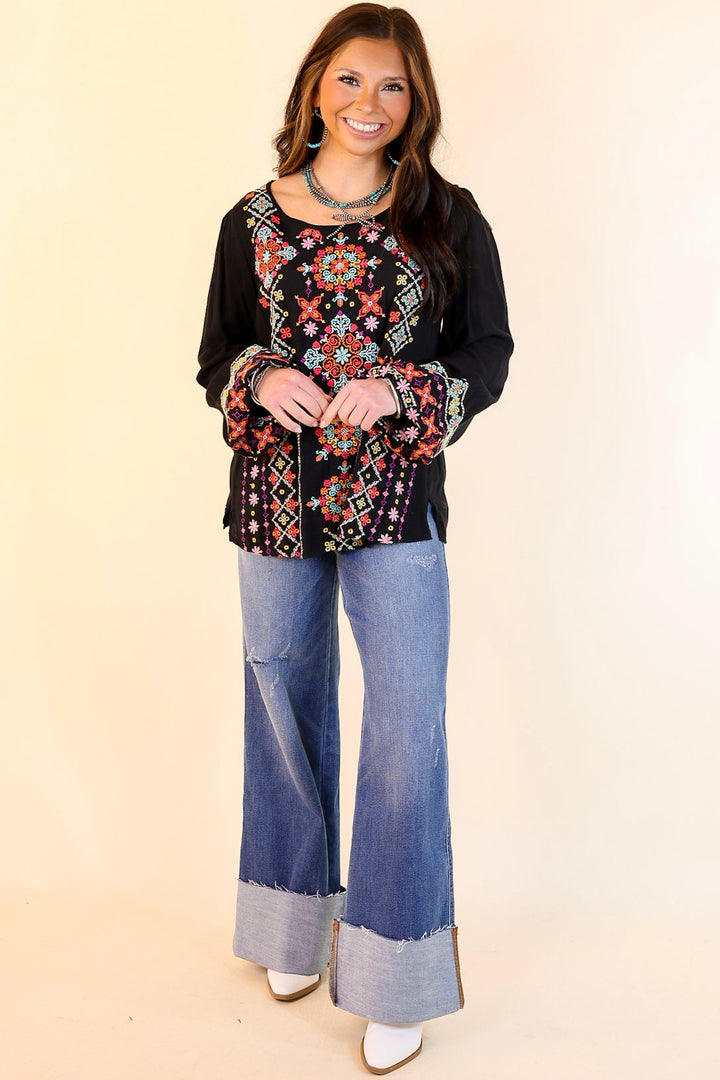 Wake Up Call Embroidered Long Sleeve Top in Black