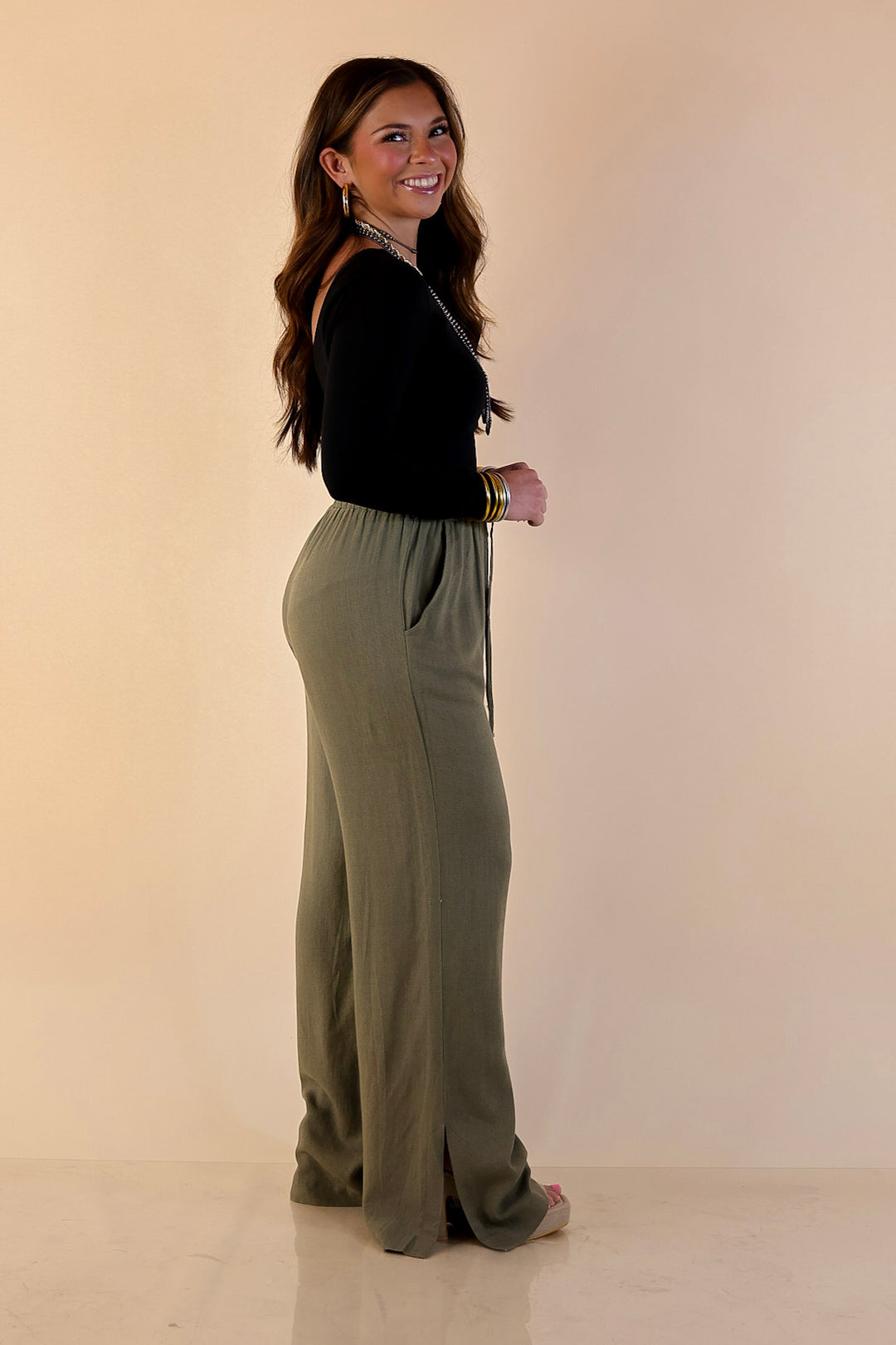 Styled in Comfort Linen Wide Leg Drawstring Pants in Olive Green