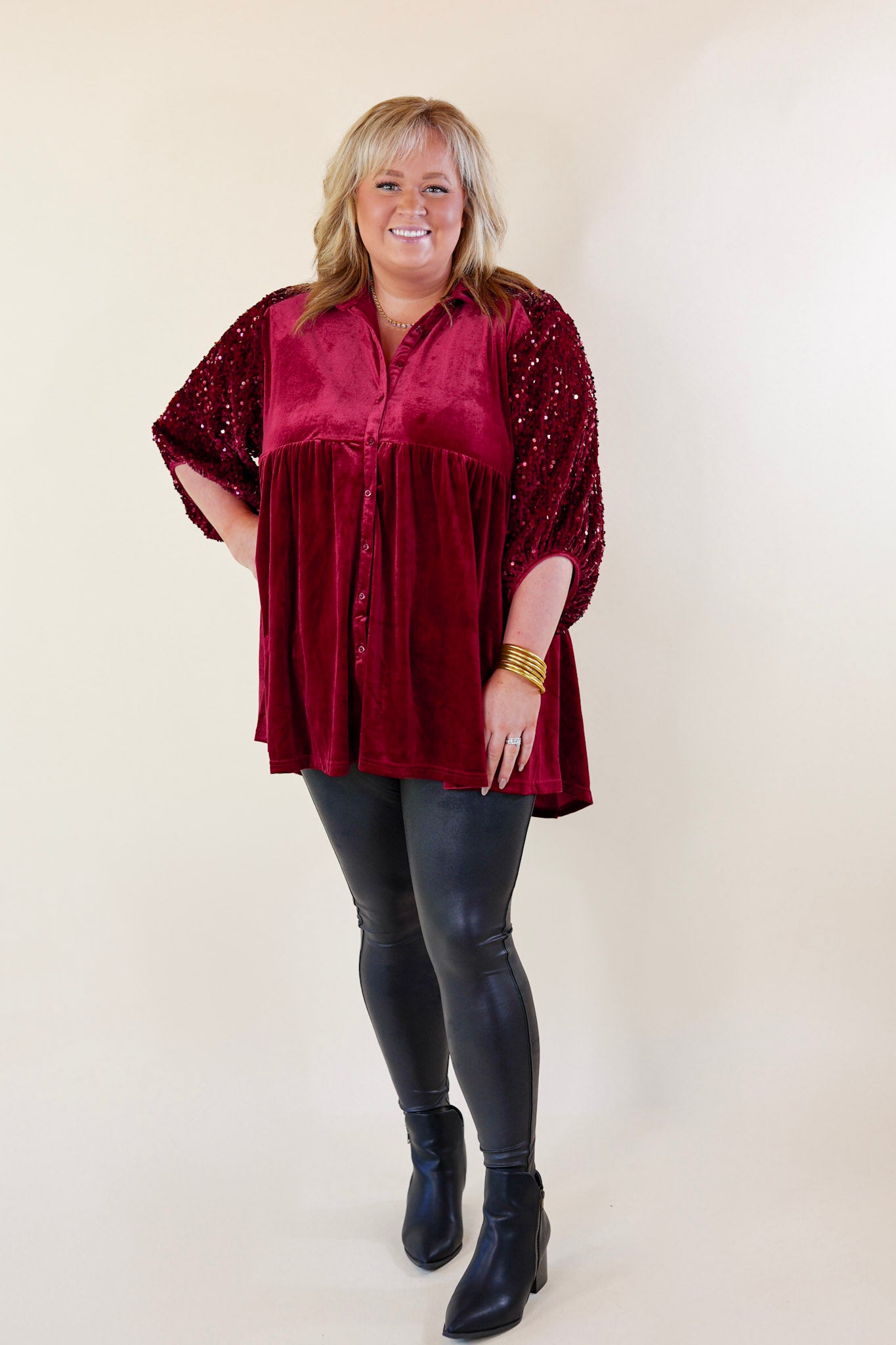 Love Link Button Up Velvet and Sequin Half Sleeve Babydoll Tunic Top in Wine Red - Giddy Up Glamour Boutique