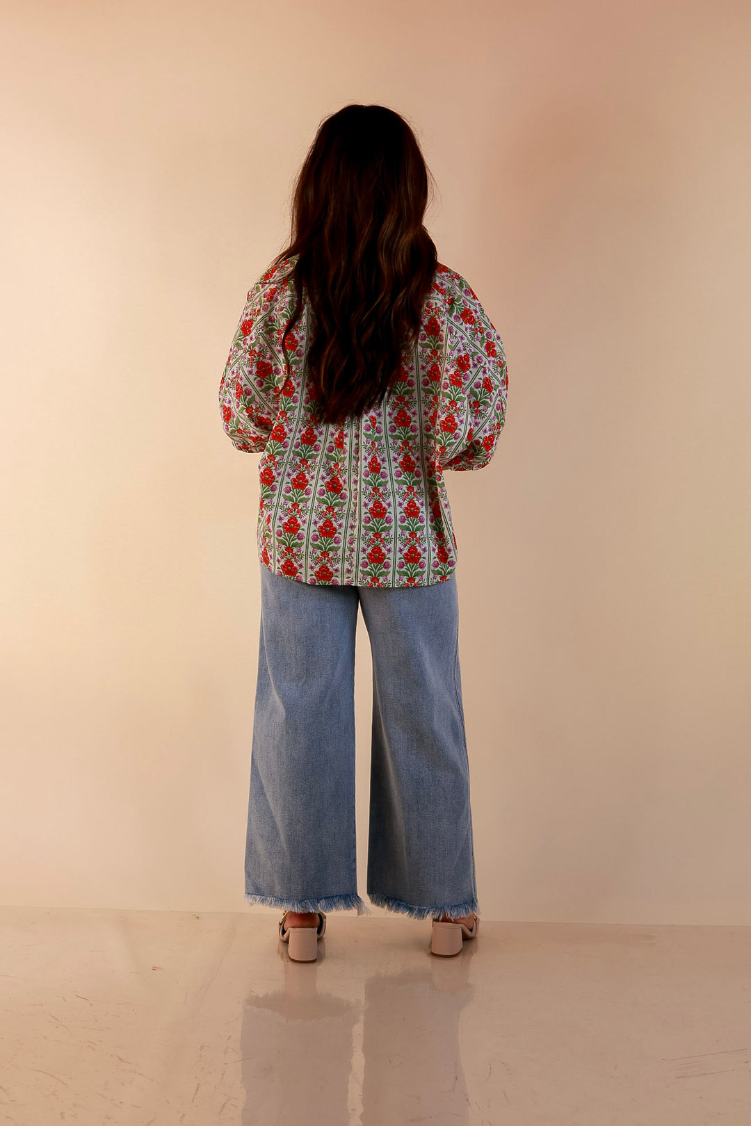 Charming Details Floral Print Button Front Dolman Top with Ruffle Collar in Ivory