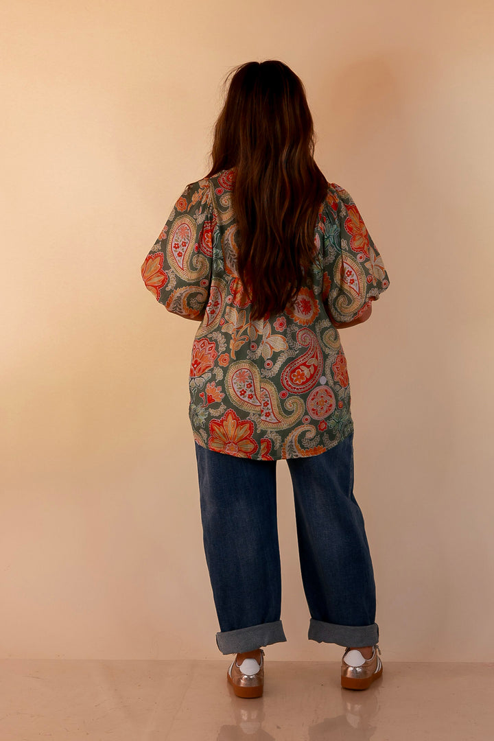 Blooming Days Ahead Paisley Print V Neck Blouse with Puff Sleeves, Ruffle Trim Collar and Lace Trim Yoke in Olive Green Mix