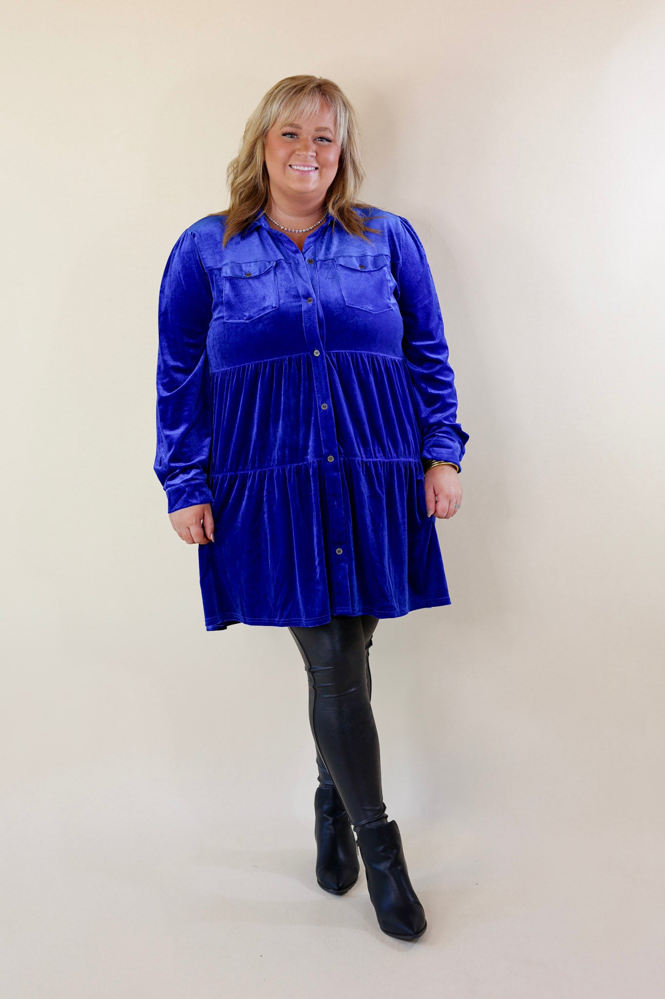 Grateful Gathering Velvet Button Up Dress with Long Sleeves in Royal Blue - Giddy Up Glamour Boutique