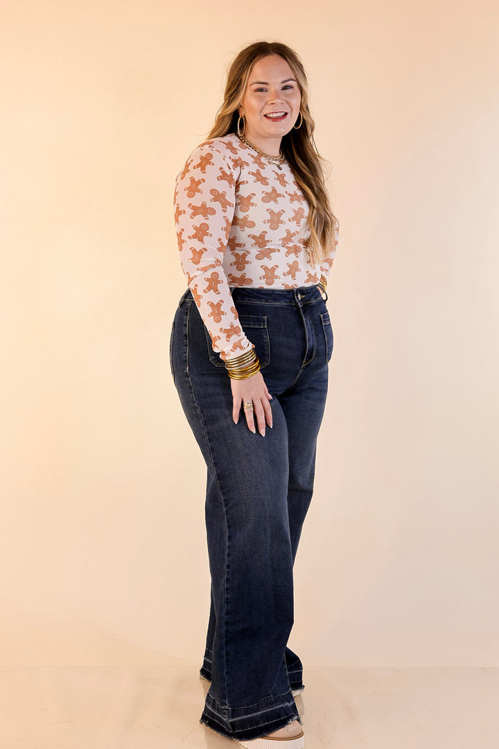 The Perfect Layer Gingerbread Print Mesh Long Sleeve Top in Ivory and Brown