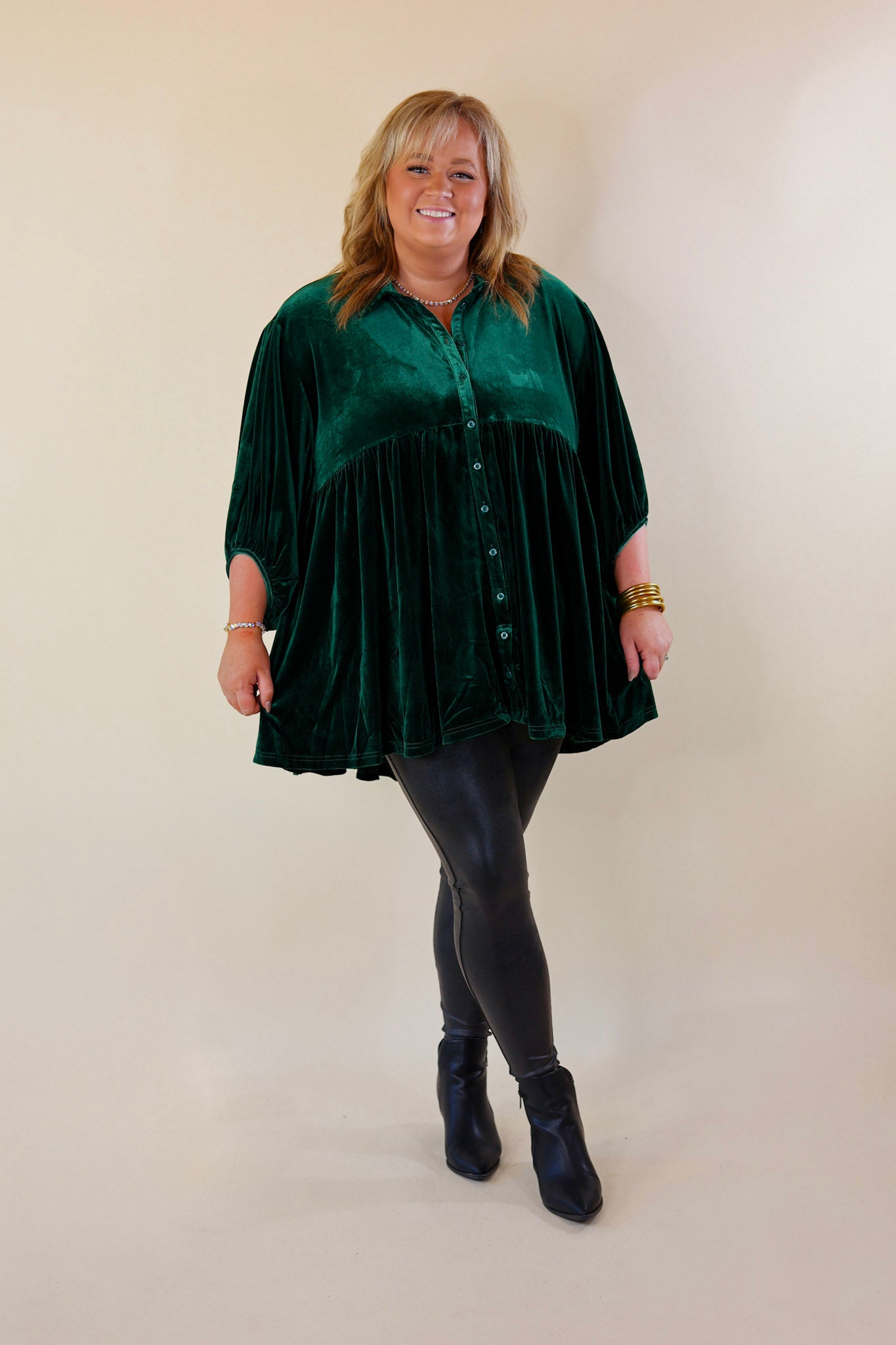 Love Link Button Up Velvet Half Sleeve Babydoll Tunic Top in Emerald Green - Giddy Up Glamour Boutique