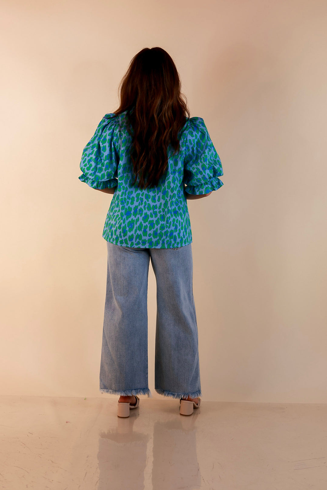 Catch the Compliments Puff Sleeve Ruffle Trim Leopard Print Statement Top in Green and Blue