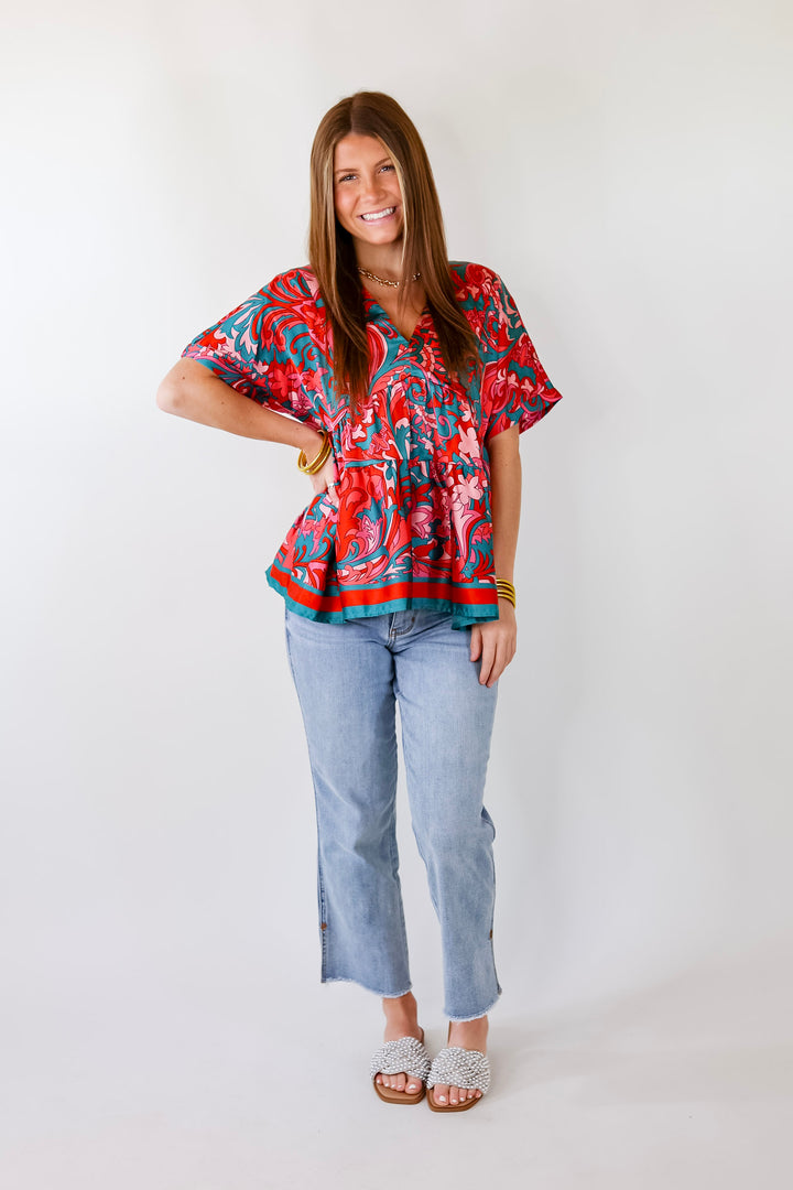 Merlot Meeting Baroque Print V Neck Top in Pink and Teal - Giddy Up Glamour Boutique