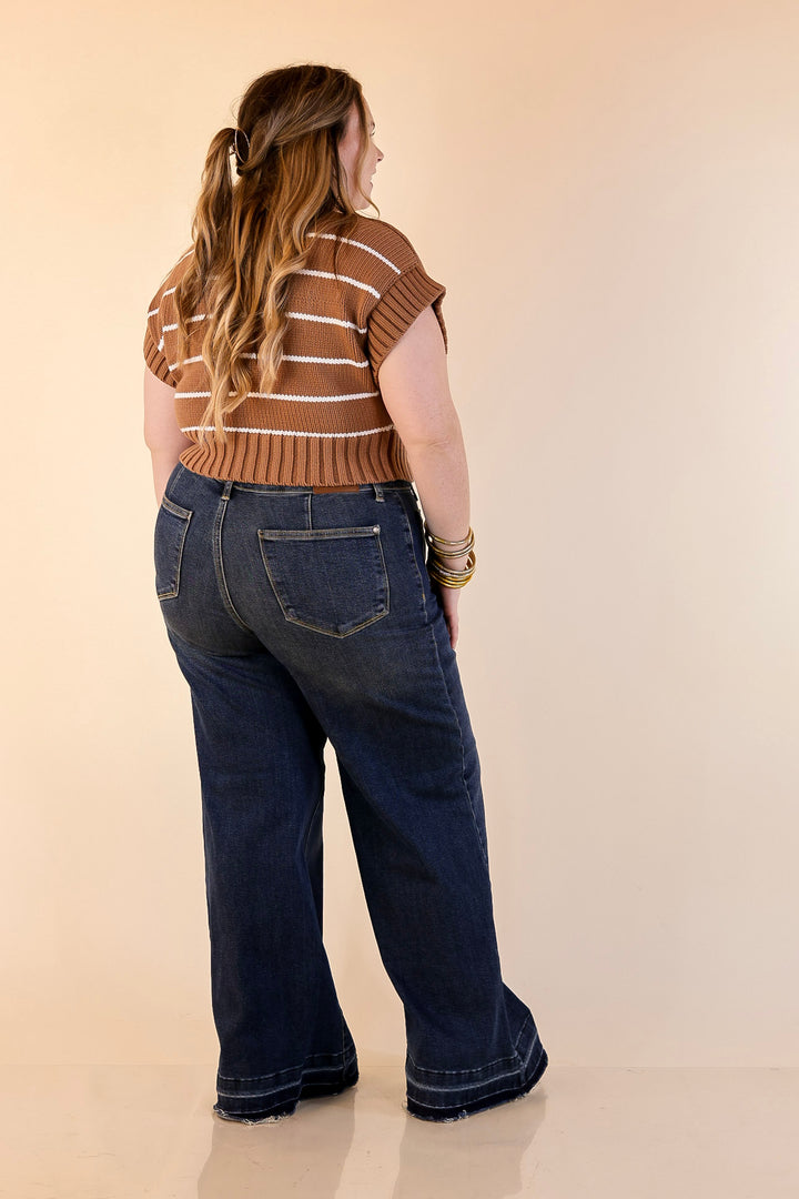 Sweet in Stripes Short Sleeve Striped Mock Neck Sweater in Camel Brown