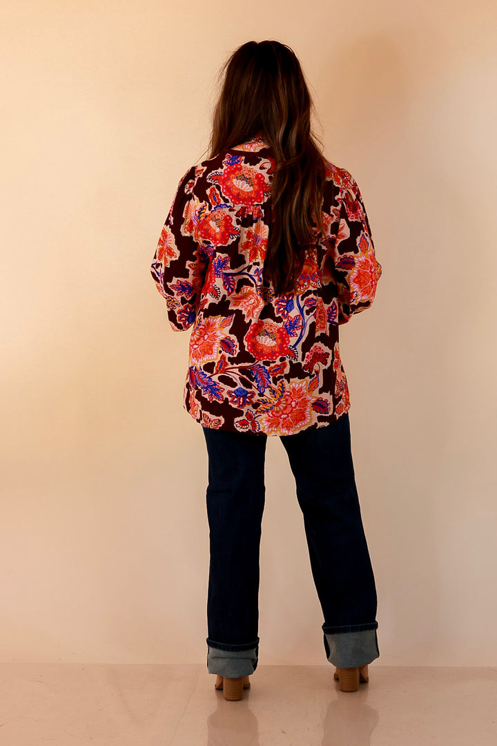 Petal Pop Floral Print Ruffle Front Button Up Long Sleeve Top with Balloon Sleeves in Coco Brown