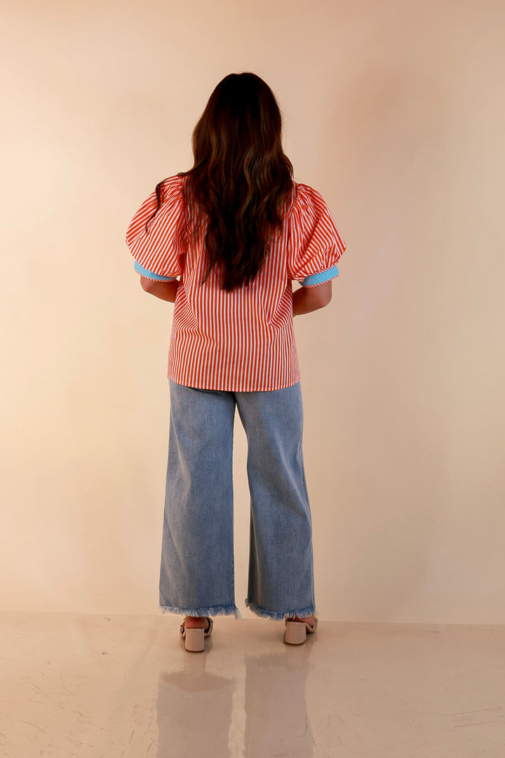 Pop of Polish Short Puff Sleeve Button Front Top with Contrast Trim in Orange, White and Sky Blue