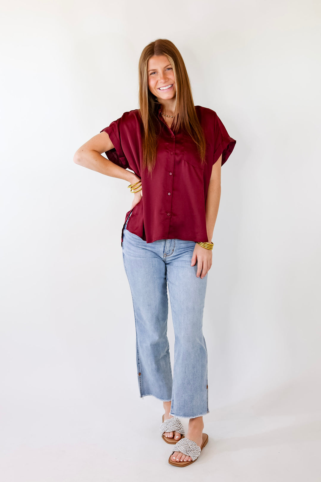 Free To Be Fab Button Up Short Sleeve Top in  Maroon - Giddy Up Glamour Boutique