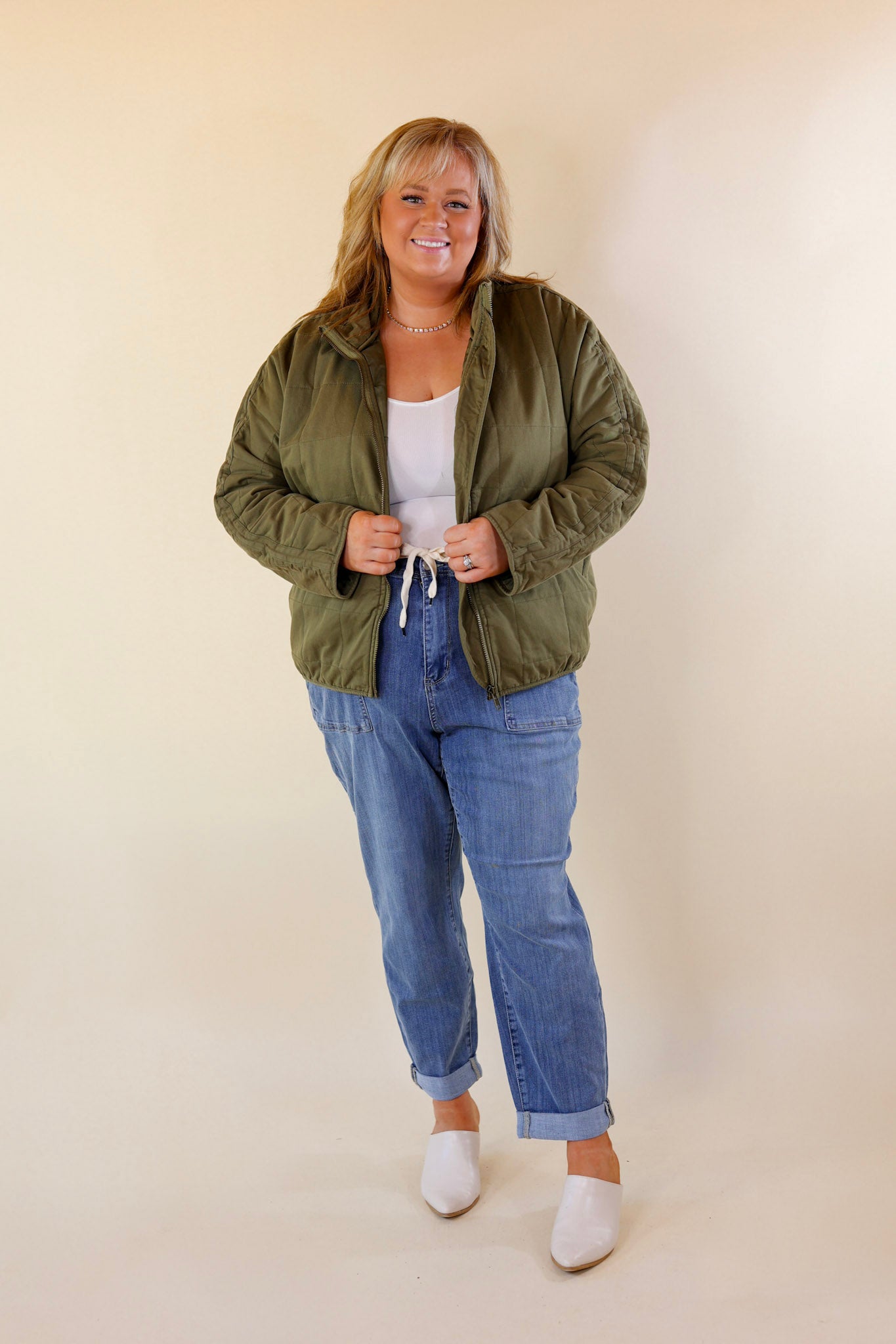 Park Slope Quilted Zip Up Jacket in Olive Green - Giddy Up Glamour Boutique