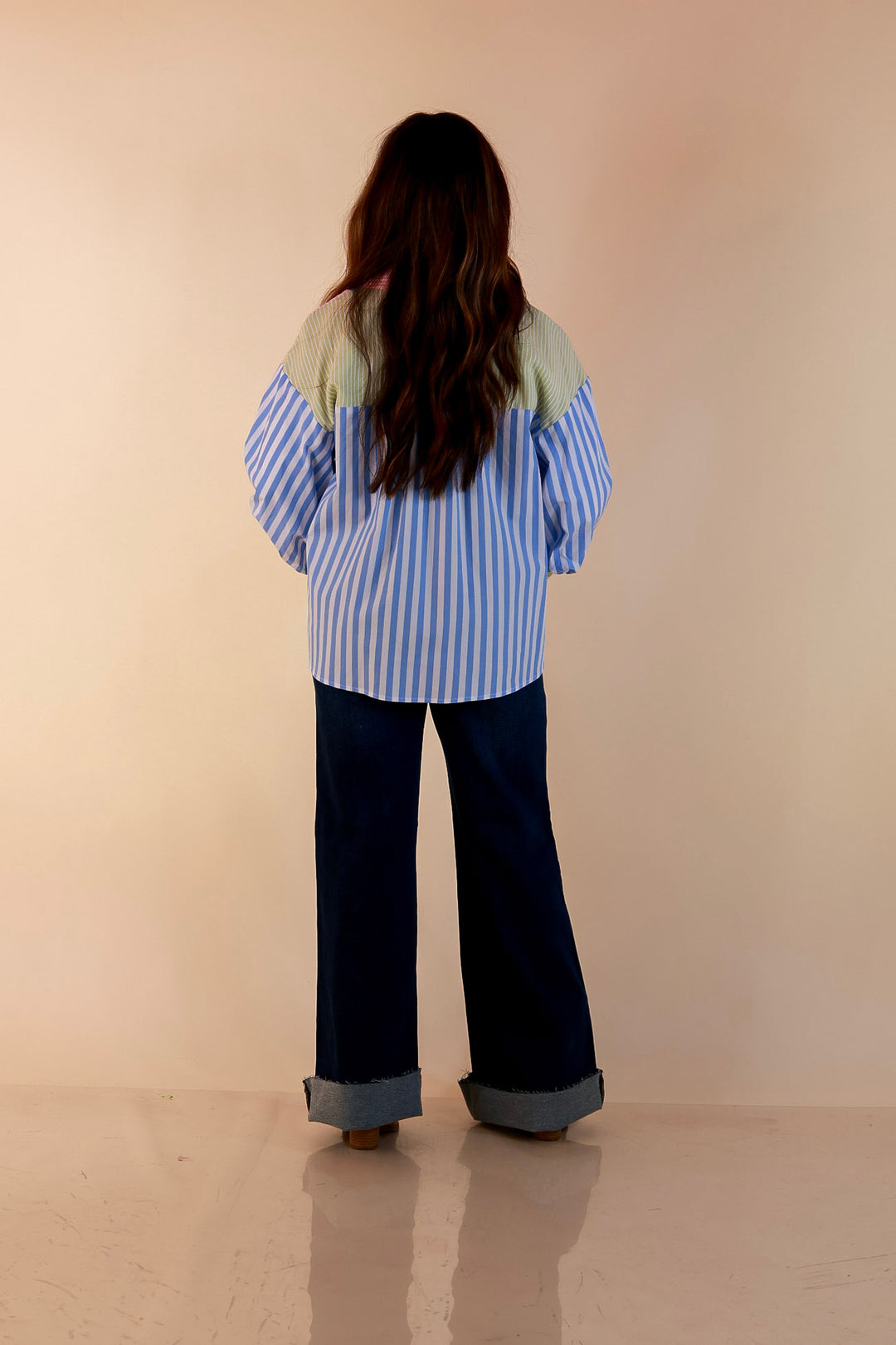 Lovely Impression Colorblock Stripe Button Front Top with Balloon Sleeves in Pink, Blue and Green
