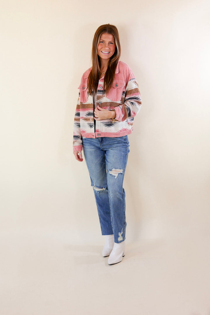 Hard To Forget Aztec Print Button Up Jacket with Corduroy Trim in Pink - Giddy Up Glamour Boutique