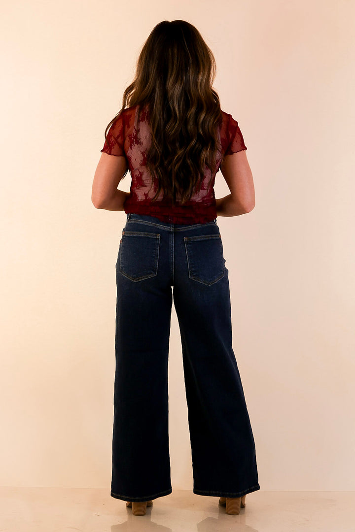 Lovely in Lace Sheer Mock Neck Short Sleeve Top in Maroon