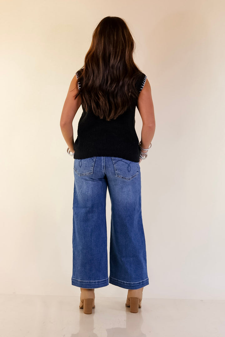 Simply Southern | Olivia Large Knit Sweater Vest with Contrast White Stitching in Black