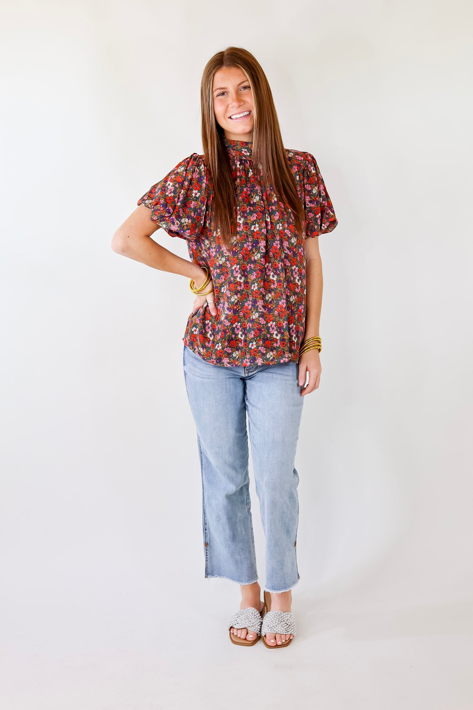 All Day Divine Mock Neck Floral Short Sleeve Top with Tie Back - Giddy Up Glamour Boutique