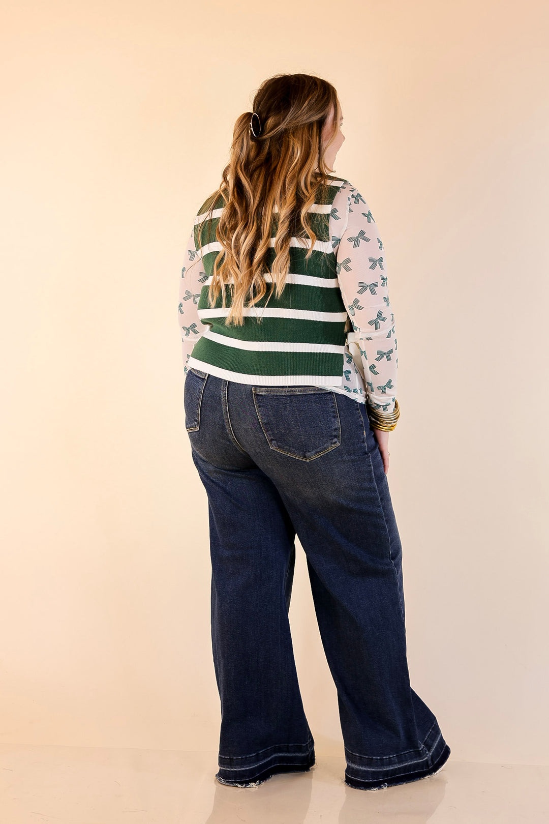 Tied Up in Style Knit Sweater with Side Ties in Forest Green with Off White Stripes