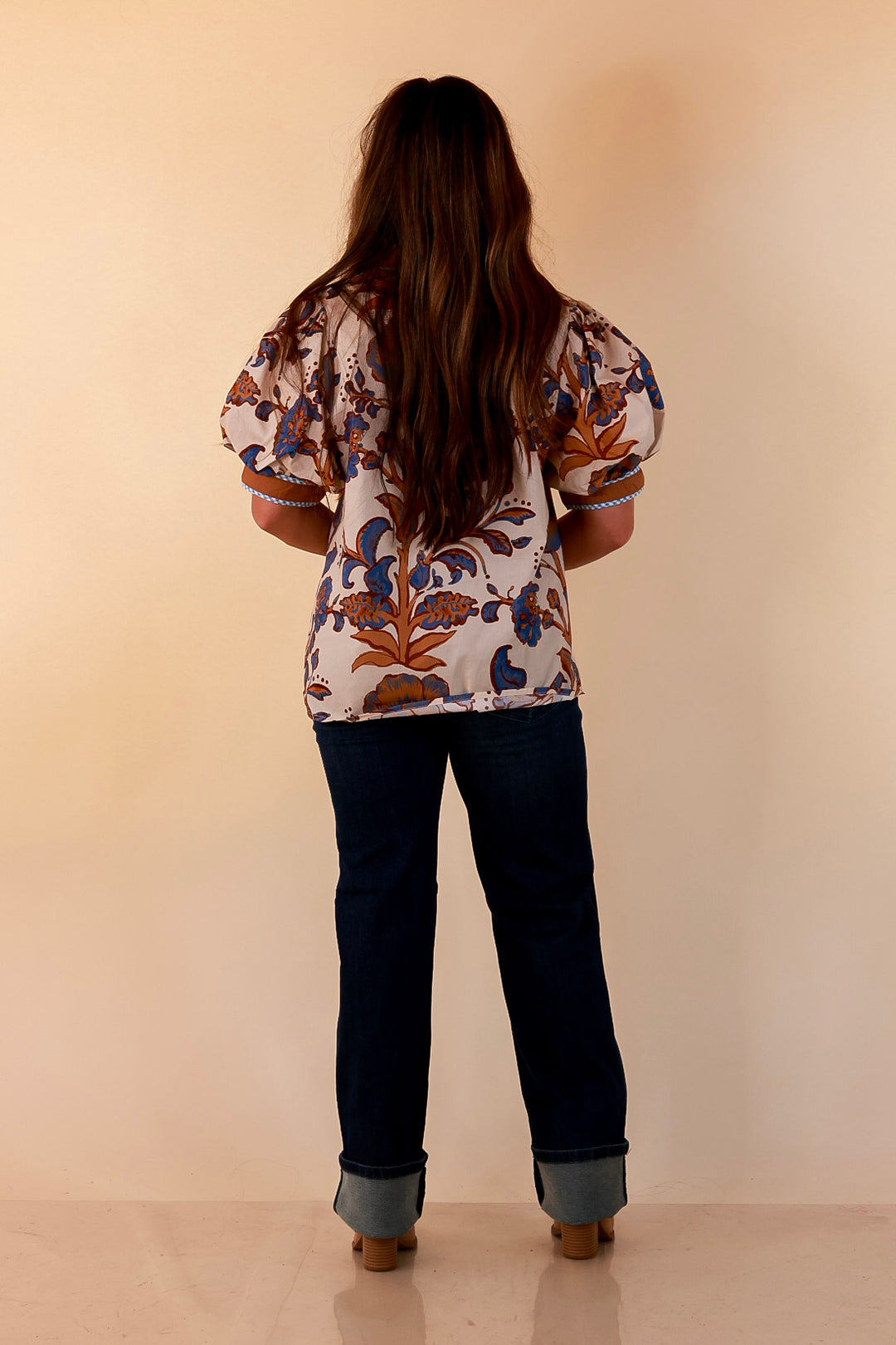 Pop of Polish Short Puff Sleeve Button Front Floral Top with Contrast Trim in Cream, Blue and Camel Brown