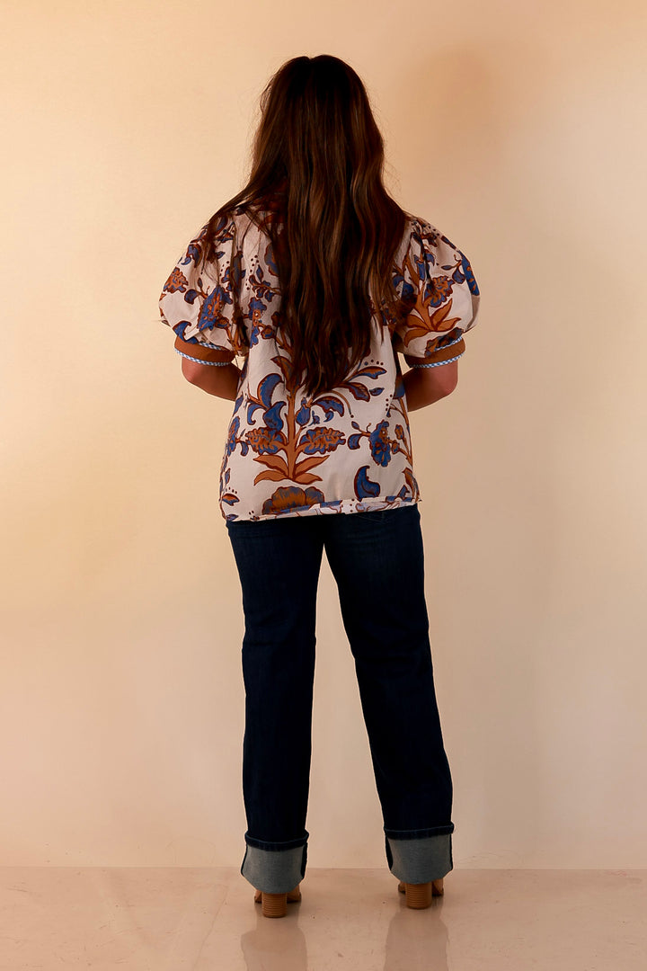 Pop of Polish Short Puff Sleeve Button Front Floral Top with Contrast Trim in Cream, Blue and Camel Brown