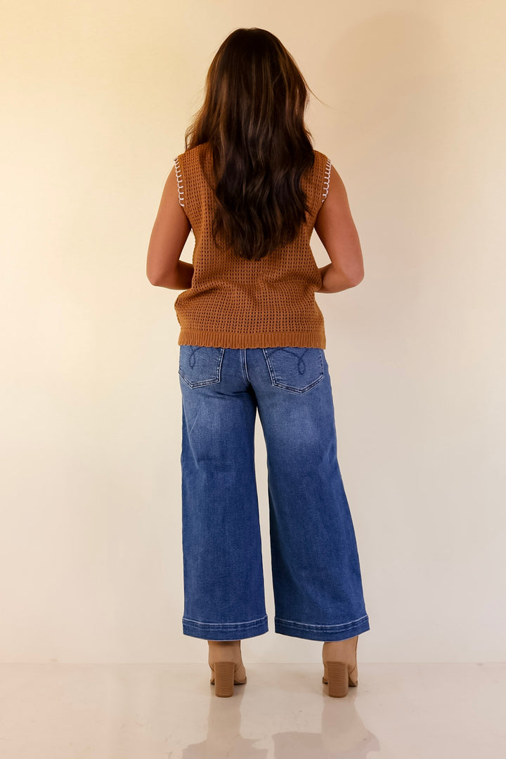 Simply Southern | Olivia Large Knit Sweater Vest with Contrast White Stitching in Tan Brown