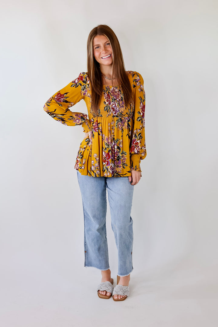 Fairfield Feeling Floral Smocked Babydoll Top with Long Sleeves in Mustard Yellow - Giddy Up Glamour Boutique