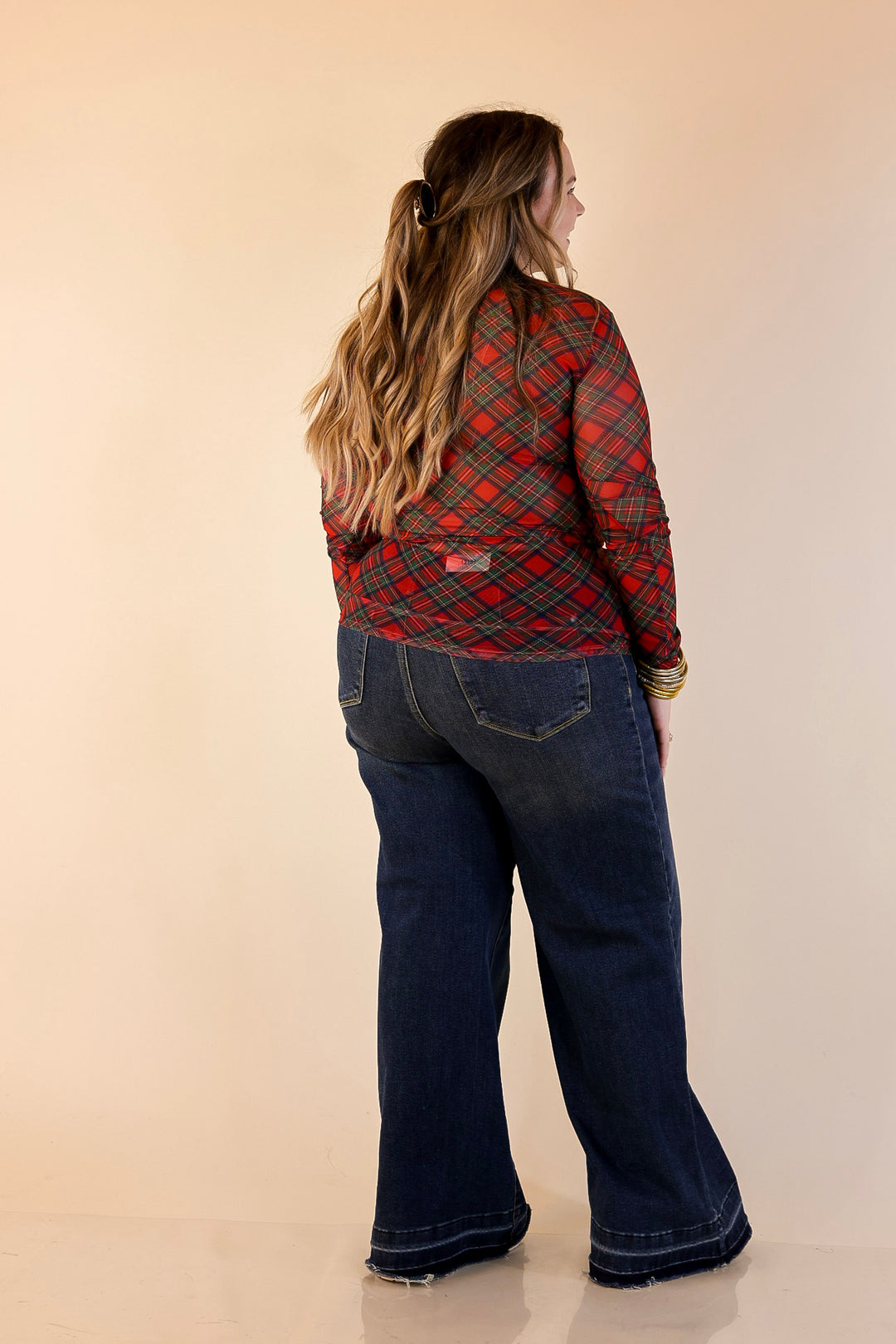 The Perfect Layer Tartan Plaid Print Mesh Long Sleeve Top in Red